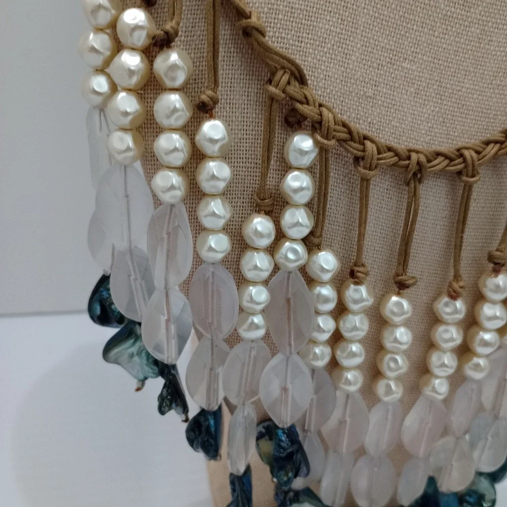 Chico's Statement Necklace Pearl Lucite‎ Shell Bib Boho Resort Adjustable